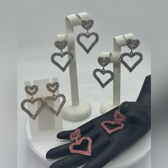 Open Heart Drop Dangle Earrings Made w/ Swarovski Crystal Gold Overlay - Picture 3 of 16